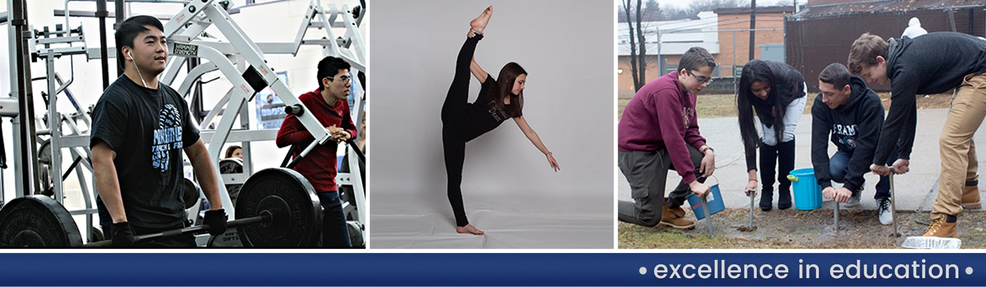 A student exercises in a gym, a student practices gymnastics and students dig in the ground outside