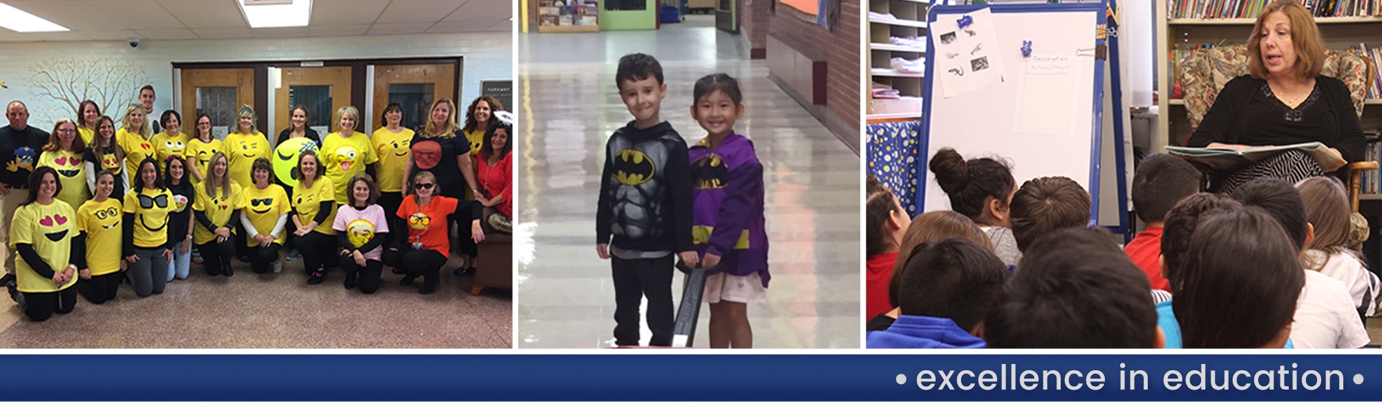 Teachers wearing emoji shirts pose together, two students wearing Batman attire pose together and a teacher reads to students in a classroom