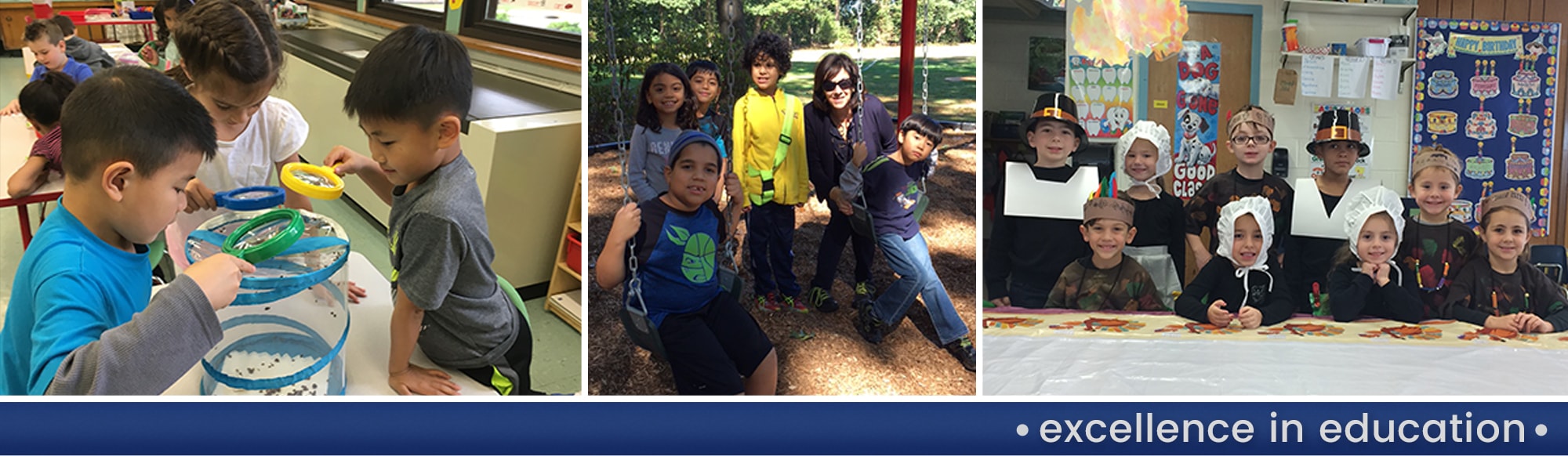 Students work with bugs in a classroom, students pose on swings outside with a teacher and students participate in a Thanksgiving activity