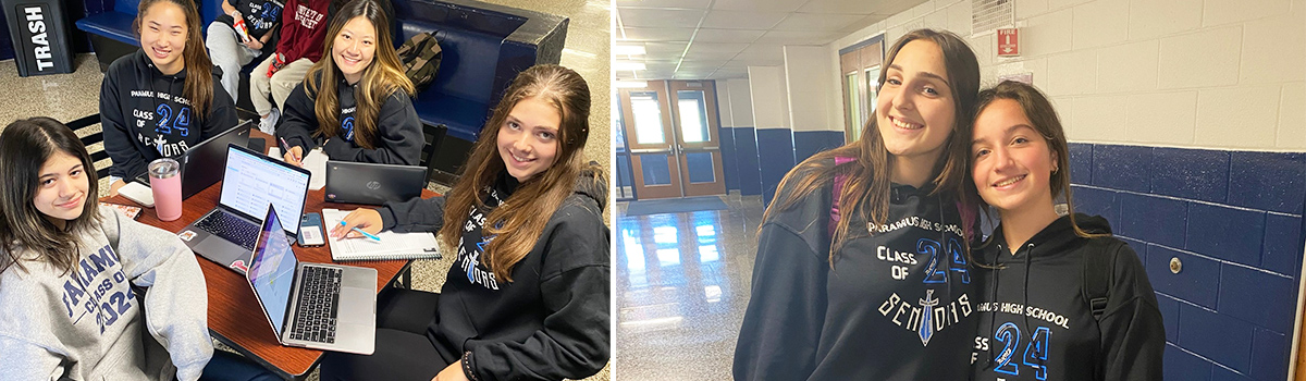 Happy high school students in the library and school hallway