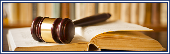 Gavel sits on top of an open book in front of a bookshelf